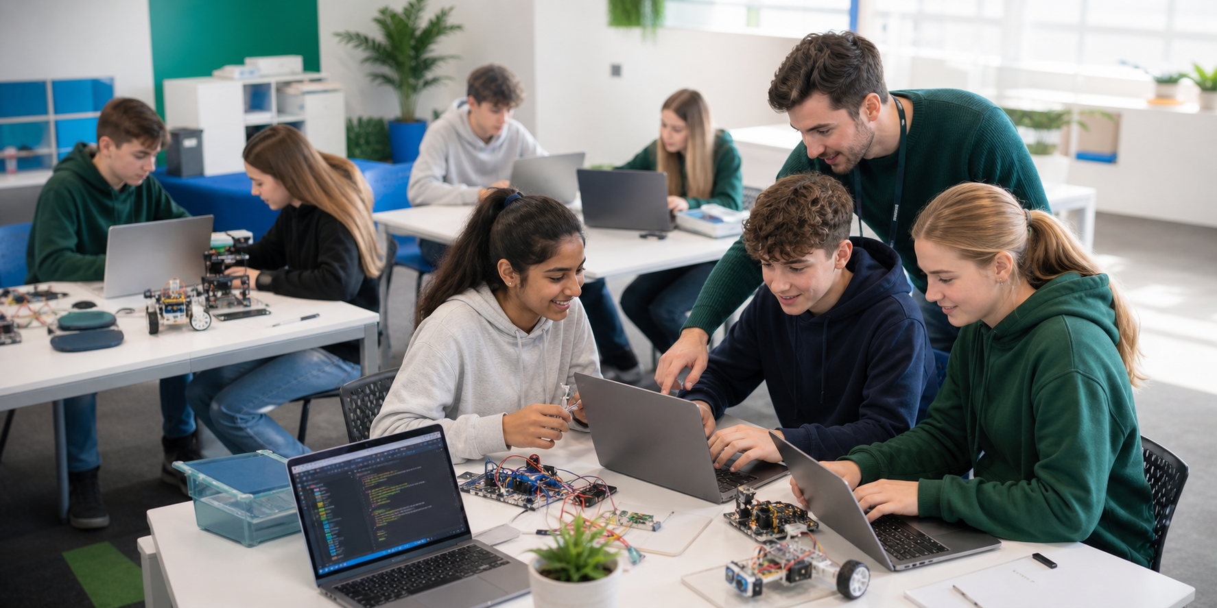 Teenagers learning coding and artificial intelligence in a STEM technology lab