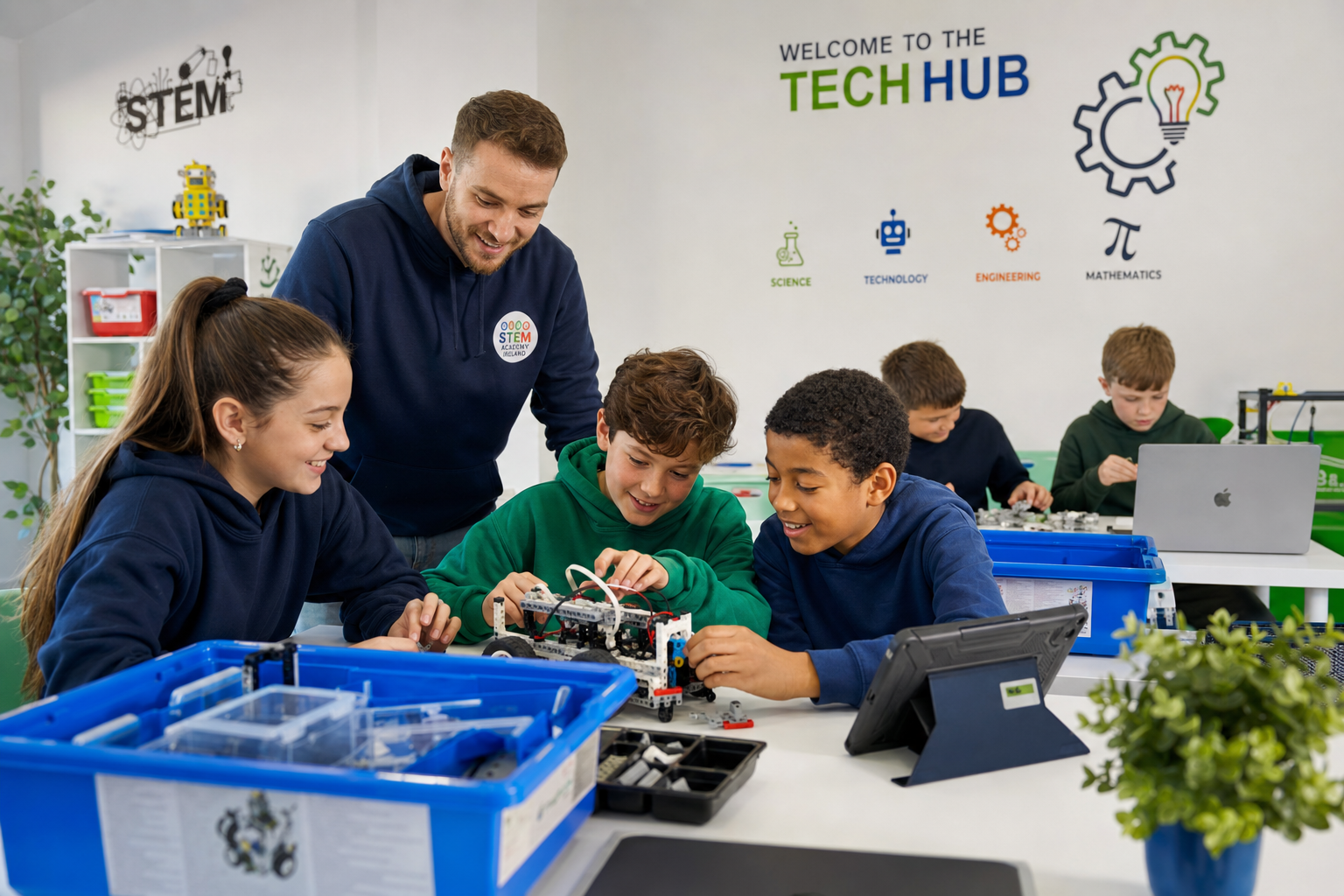 Children collaborating on robotics and engineering projects inside the STEM Academy Ireland Tech Hub